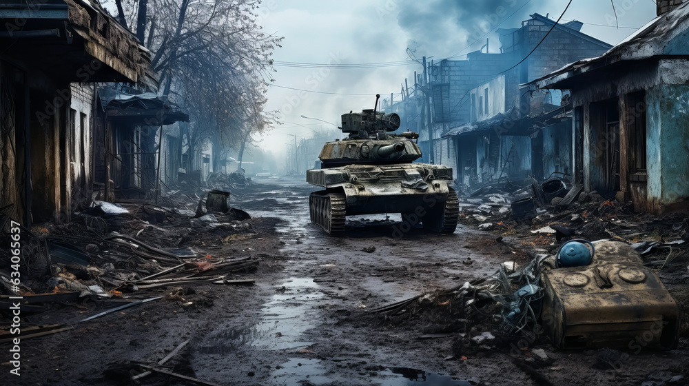 old abandoned city after war with tank old abandoned city after war with tank