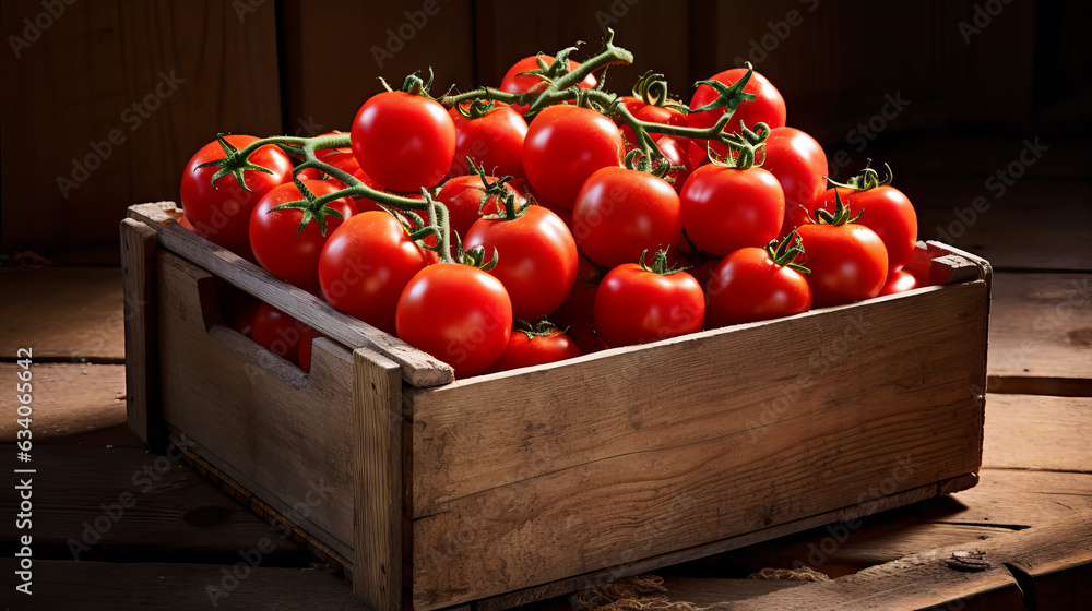 Fresh organic tomatos tomatoes with green in the wooden basket. Fruits vegetables market table of farmer Fresh organic tomatos tomatoes with green in the wooden basket. Fruits vegetables market table of farmer