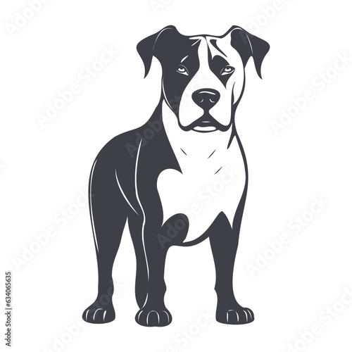 Vector monochrome graphic doggy. Standing on four paws pit bull dog. Serious house dog. White isolated background.