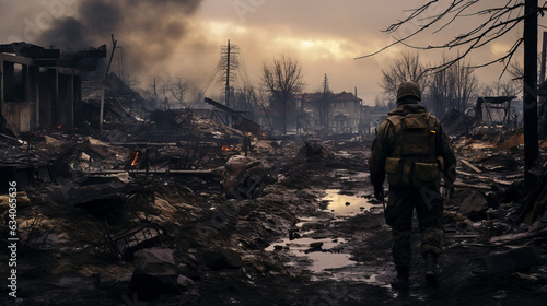 solider looking towards old destroyed abandoned city after war