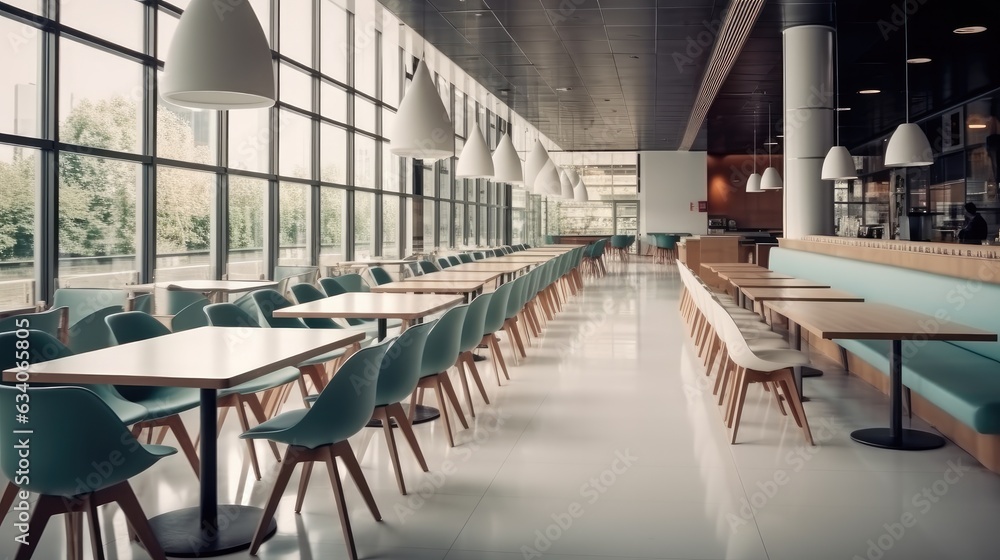 Modern interior of cafeteria or canteen with many chairs and tables, large windows.