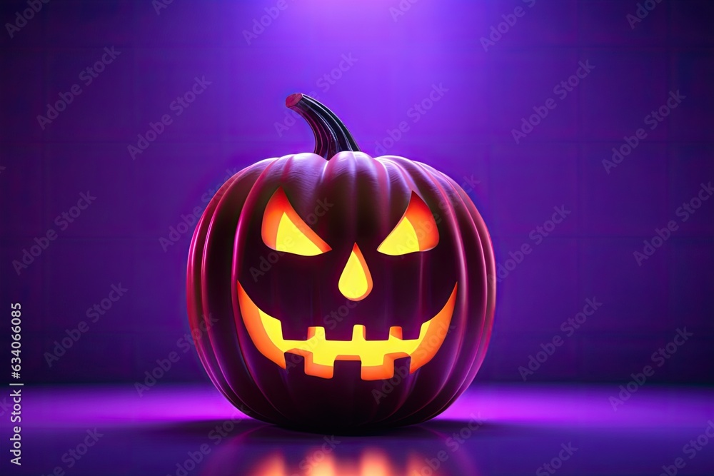 Glowing halloween pumpkin isolated on purple background. AI Generated in 3D style. Glowing halloween pumpkin isolated on purple background. AI Generated in 3D style.