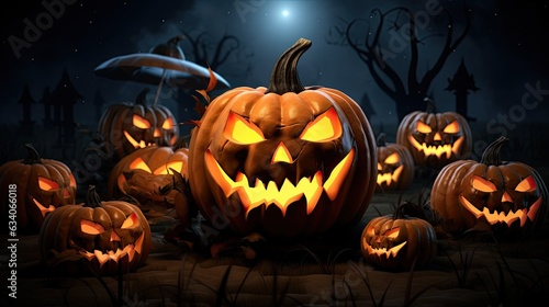 Halloween pumpkins with cut glowing smiles on dark creepy background. AI Generated. © ShniDesign