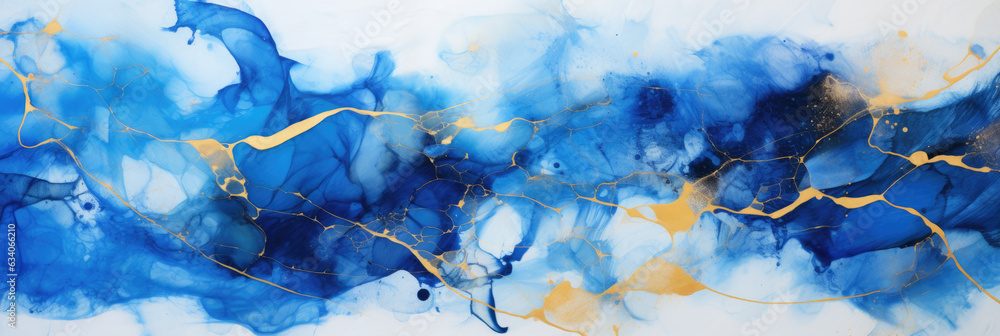A painting with blue and gold paint on it. Abstract background.