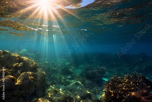 Underwater view of the coral reef with sun rays coming through the water. Radiant sea with sun reflection.