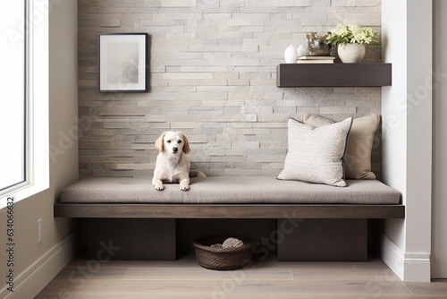 Craft a modern pet-friendly zone with a wall-mounted feeding station, concealed storage for pet essentials, and a cozy pet bed in soft neutral tones." 