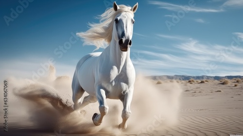 Galloping white horse exudes strength and elegance.