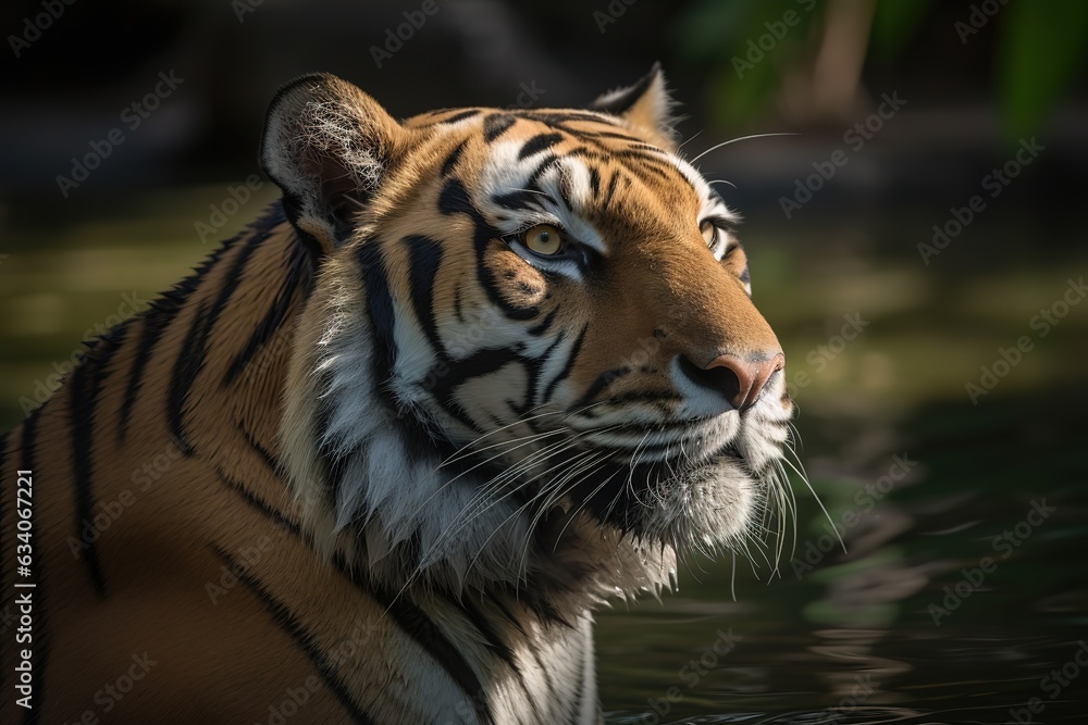 Close-up portrait of a Siberian tiger (Panthera tigris tigris), also known as an Amur tiger, in an enclosure at a zoo; Omaha, Nebraska, United States of America