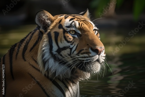 Close-up portrait of a Siberian tiger  Panthera tigris tigris   also known as an Amur tiger  in an enclosure at a zoo  Omaha  Nebraska  United States of America