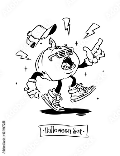 Set of tattoo vector characters for halloween. A cute pumpkin in sneakers, glasses and gloves dances and sings songs. Lightning flies next to the pumpkin.