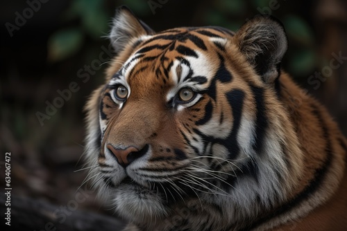 Close-up portrait of the face of a Siberian tiger (Panthera tigris altaica) in an outdoor zoo enclosure; Omaha, Nebraska, United States of America