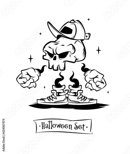 Set of tattoo vector characters for halloween. A cute skull in sneakers and gloves. Beautiful illustrations with characters for t-shirts. © Krolone