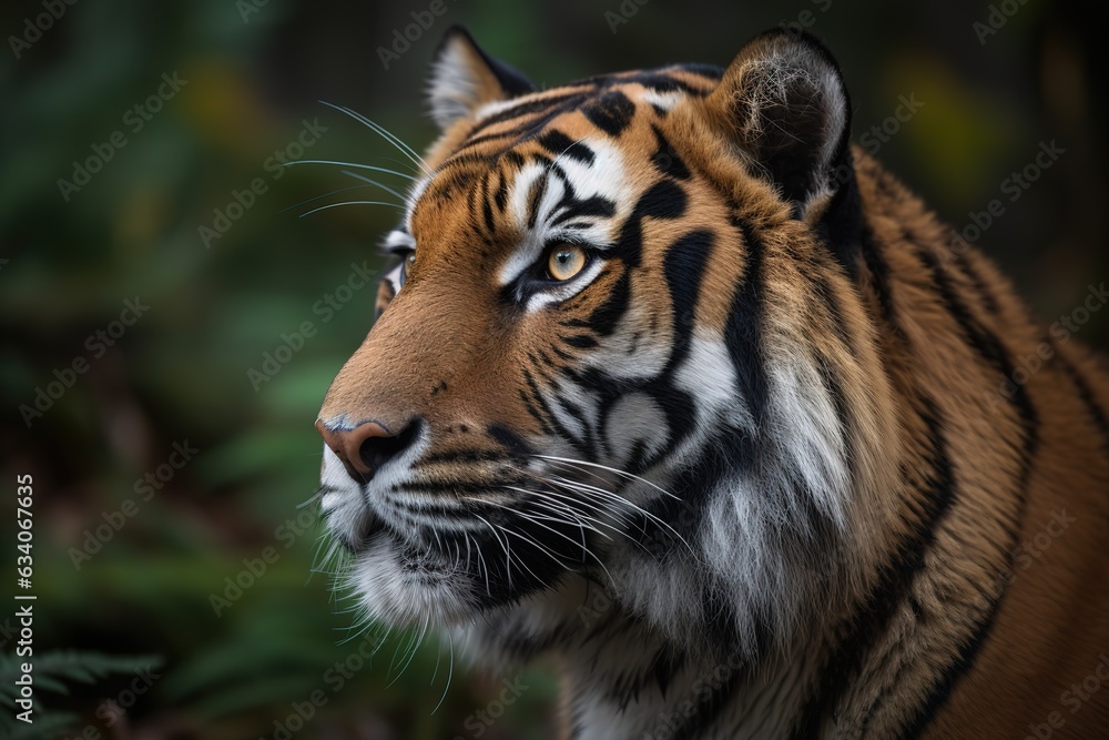 Close-up portrait of a Siberian tiger (Panthera tigris tigris), also known as an Amur tiger, at a zoo; Omaha, Nebraska, United States of America