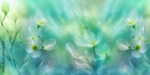beautiful abstract etheral floral background with white flowers and blue aquamarine background in dreamy artistic style 