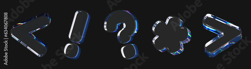 3D Trendy holographic symbols. Crystal glass element. Glossy iridescent question, exclamation marks, asterisk. Overlay dispersion light. Rainbow gradient icon on black background. 3D Rendering photo