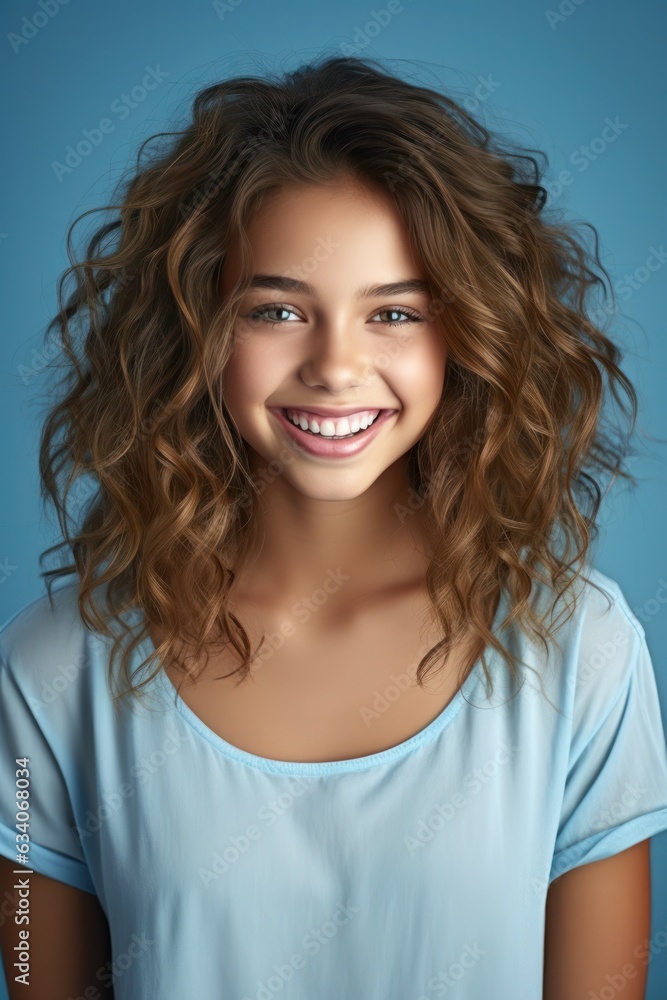 smiling beautiful teen girl portrait on blue background smiling beautiful teen girl portrait on blue background
