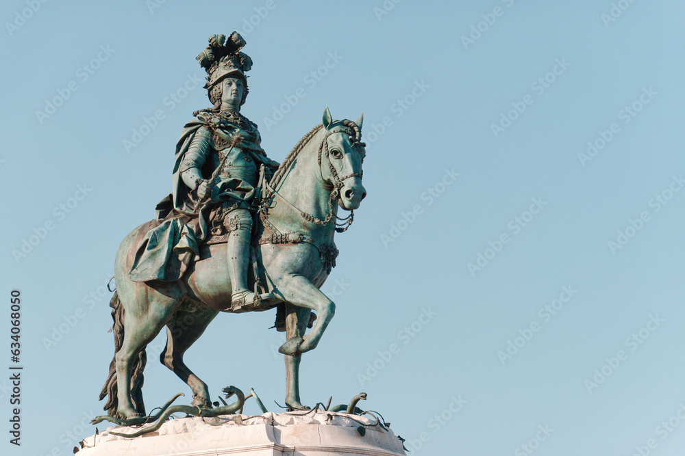 Historic statue of King José I on Commerce Plaza in Lisbon, Portugal. Equestrian statue, inaugurated in 1775. Copy space, place your text.