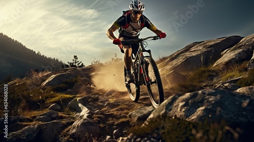 Rugged Mountain Biking Expedition: Man Tackling Rock Hills on Bike © Bohdan