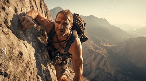 Scaling New Heights: Man Ascending the Mountain's Steep Slope