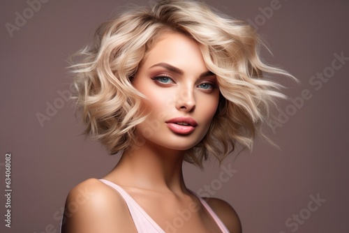 beautiful model girl with short curly hair. fashion and cosmetics concept