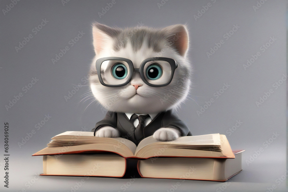 Cute Kitten wearing glasses reading a book looking at the camera Cute Kitten wearing glasses reading a book looking at the camera