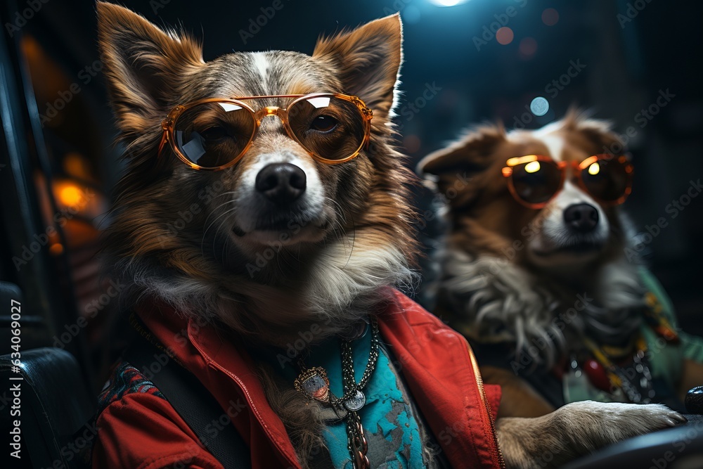 a group of cool looking and funky dressed dogs on a vacation party ordering a drink at the bar of a night club a group of cool looking and funky dressed dogs on a vacation party ordering a drink at the bar of a night club