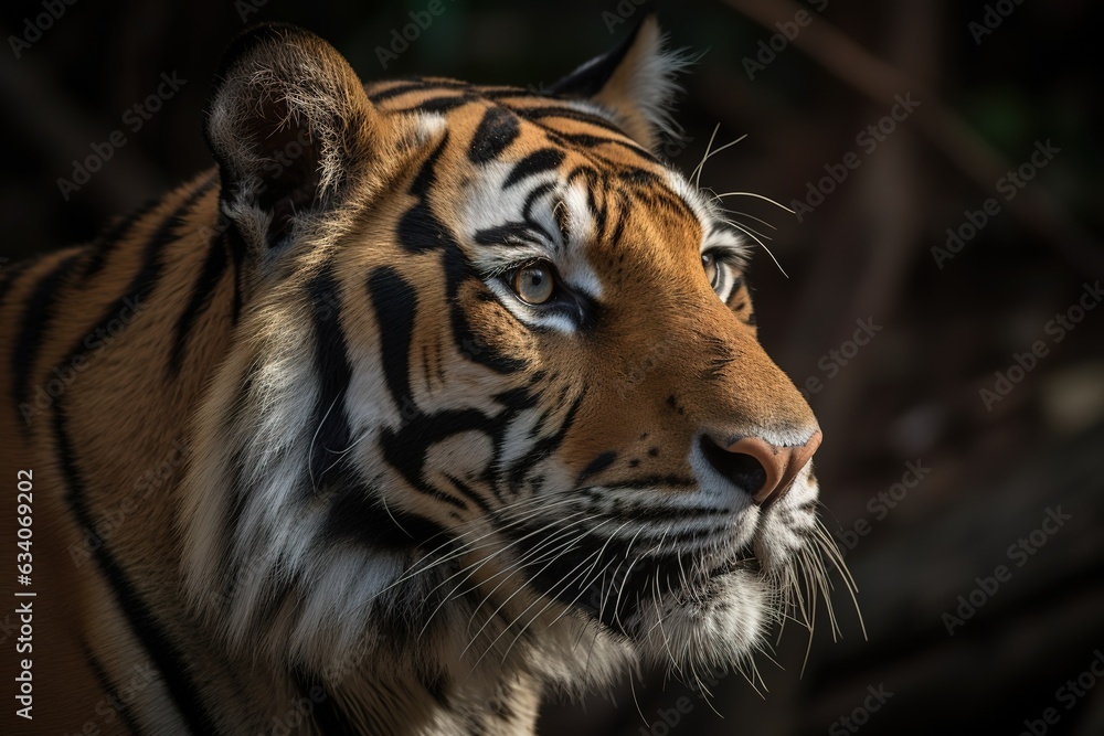 Close-up portrait of the face of a male Siberian tiger (Panthera tigris altaica) in a zoo; Omaha, Nebraska, United States of America