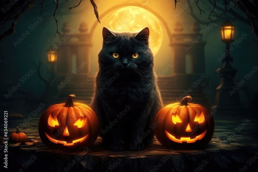 Halloween scene. Black cat in spooky night with moonlight behind. Halloween scene. Black cat in spooky night with moonlight behind.