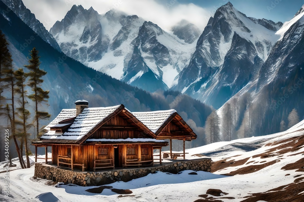 House in the snow, A beautiful Hut in Mountains, 