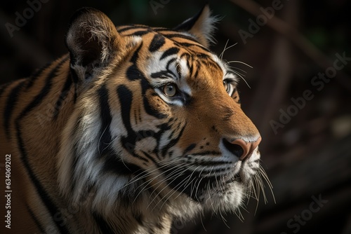Close-up portrait of the face of a male Siberian tiger  Panthera tigris altaica  in a zoo  Omaha  Nebraska  United States of America