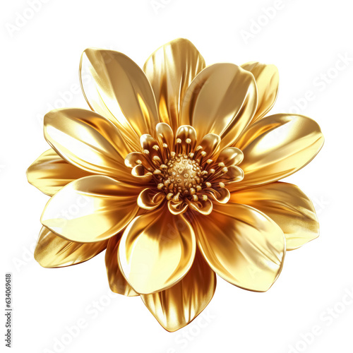 Golden metallic 3d flower isolated on white. Single luxury gold floral element. Generative AI.