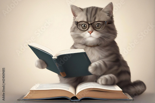 Cute cat wearing glasses reading a book looking at the camera