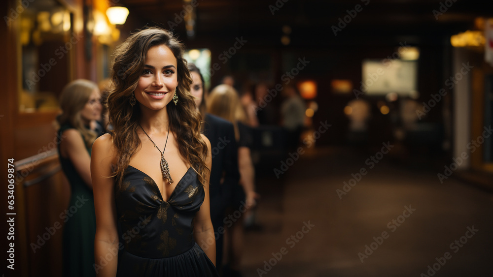 Hübsche Frau im schwarzen Abendkleid auf der Party lacht Porträt, ai generativ Hübsche Frau im schwarzen Abendkleid auf der Party lacht Porträt, ai generativ