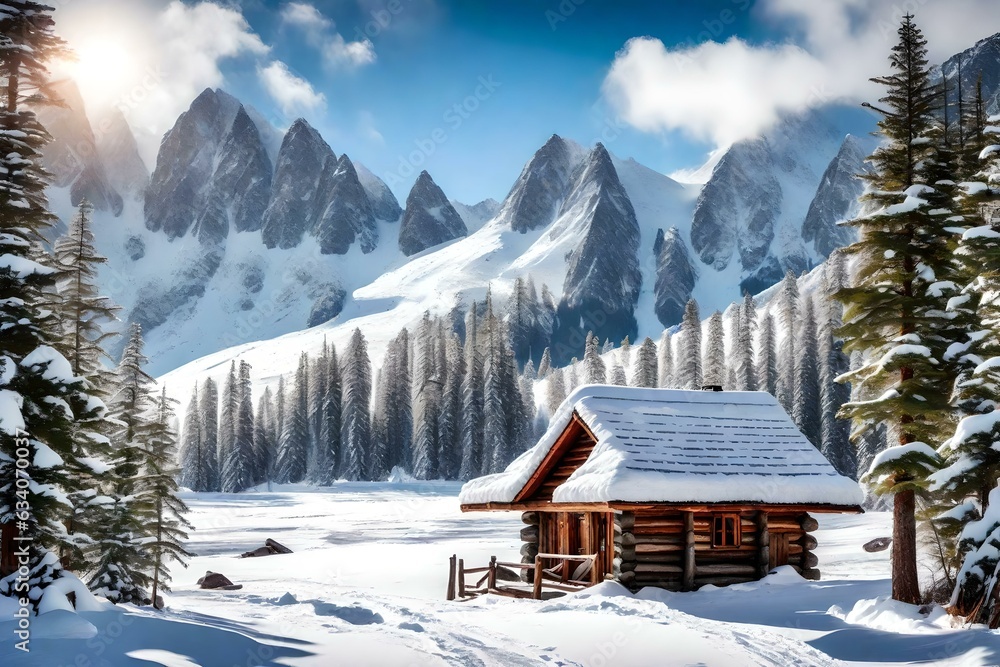 House in the snow, A beautiful Hut in Mountains, 