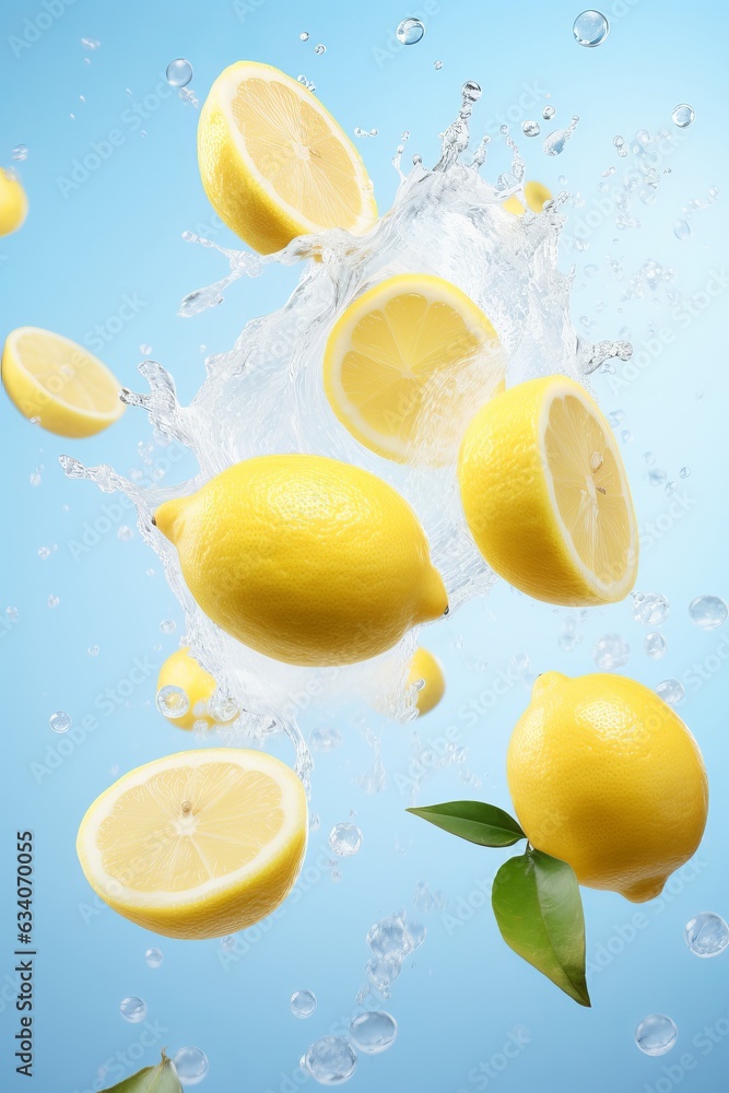 Advertisement studio banner with lemons and mint leaves and water splashes flying in the air on pastel gradient background. Food ingredient levitation Advertisement studio banner with lemons and mint leaves and water splashes flying in the air on pastel gradient background. Food ingredient levitation
