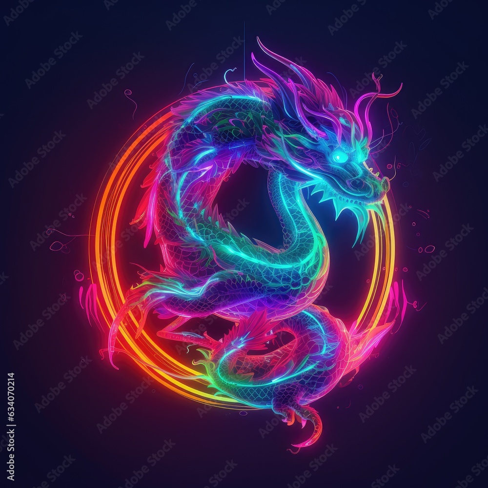 abstract colorful background, neon dragon on black background
