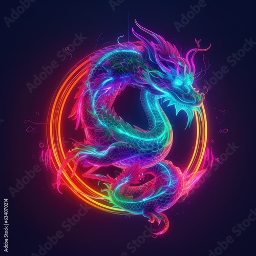 abstract colorful background, neon dragon on black background 