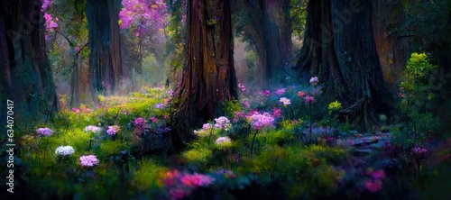 Enchanted magic forest, majestic ancient old trees, mystical woodland glade in warm autumn colors. colorful flowers and green grass, dreamy fairytale fantasy wonderland - generative AI 