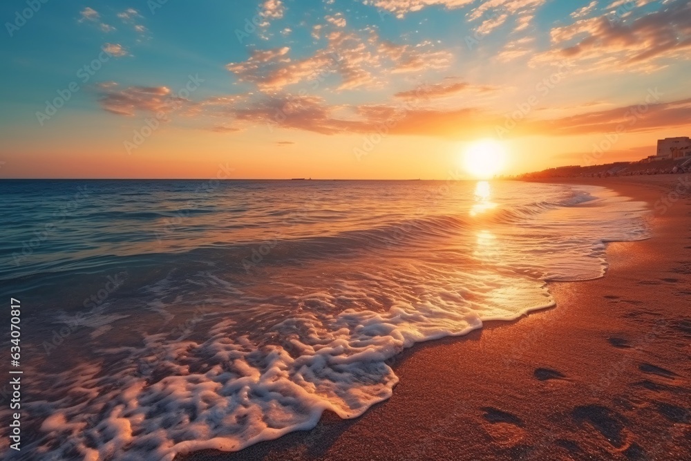 Beautiful seascape at sunset. Panoramic view of the sea and sandy beach. Beautyful background. Sea wave with foam. Beautiful ocean waves. Beautiful seascape at sunset. Panoramic view of the sea and sandy beach. Beautyful background. Sea wave with foam. Beautiful ocean waves.