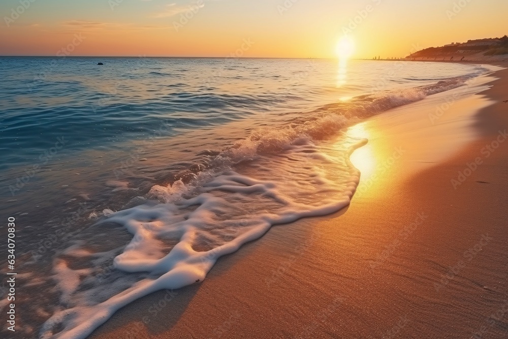 Beautiful seascape at sunset. Panoramic view of the sea and sandy beach. Beautyful background. Sea wave with foam. Beautiful ocean waves. Beautiful seascape at sunset. Panoramic view of the sea and sandy beach. Beautyful background. Sea wave with foam. Beautiful ocean waves.