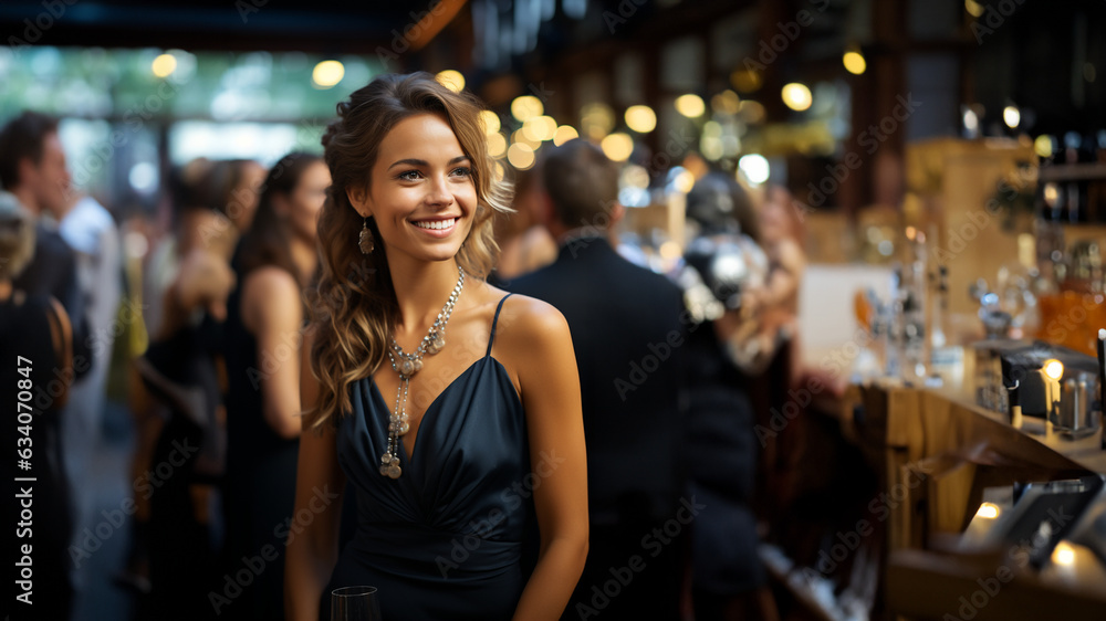 Hübsche Frau im schwarzen Abendkleid auf der Party lacht Porträt, ai generativ Hübsche Frau im schwarzen Abendkleid auf der Party lacht Porträt, ai generativ