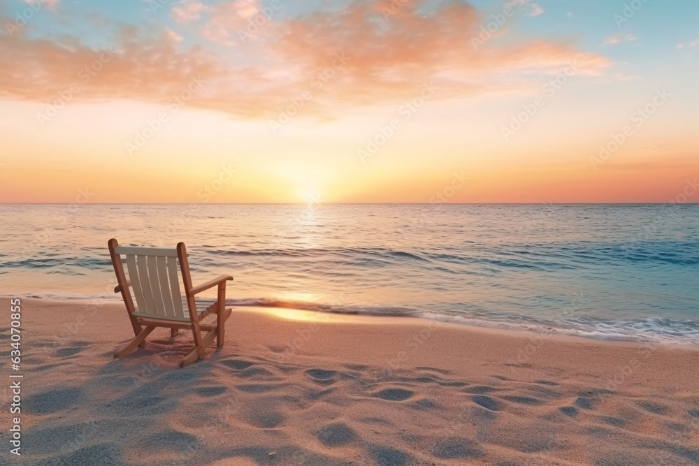 Deckchair on the sandy beach at sunset. Beautiful seascape at sunset. Panoramic view of the sea and sandy beach. Beautyful background. Sea wave with foam. Beautiful ocean waves. 