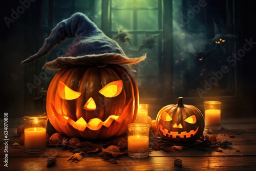 Halloween scene. Halloween Pumpkins And Candles in spooky night