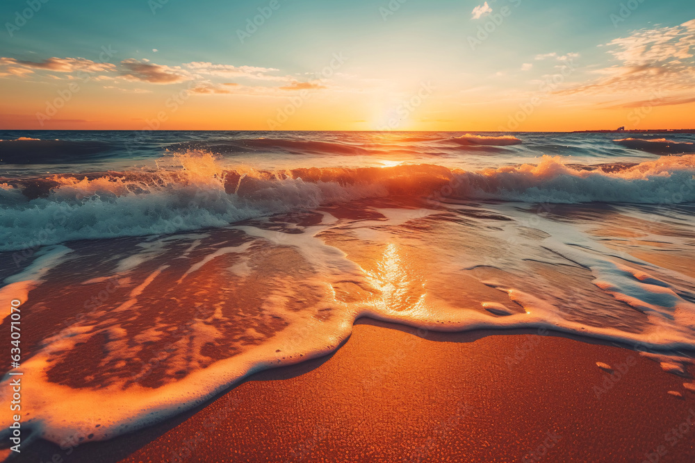 Beautiful seascape at sunset. Panoramic view of the sea and sandy beach. Beautyful background. Sea wave with foam. Beautiful ocean waves. Beautiful seascape at sunset. Panoramic view of the sea and sandy beach. Beautyful background. Sea wave with foam. Beautiful ocean waves.