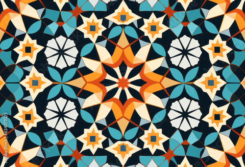 A vibrant colourful geometric shapes, tile pattern, vector illustration of intricate shapes. 1960s Teal and orange, repeating patterns. Middle eastern islamic and north african inspired art.
