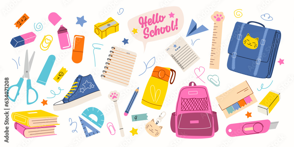 Back to school cute collection of educational supplies. Supplies big Set: notepad,scissors, pencil, pen, sneakers, laundry, stickers, rulers, textbooks, keychain, thermos, paper clips, paper knife Back to school cute collection of educational supplies. Supplies big Set: notepad,scissors, pencil, pen, sneakers, laundry, stickers, rulers, textbooks, keychain, thermos, paper clips, paper knife