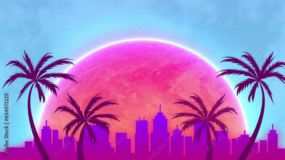 Retro pink pixel barbie city animation, game, city, sky, sun, palms.