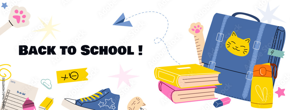 Fototapeta premium Banner back to school colored school elements. Supplies big Set: notepad,scissors, pencil, pen, sneakers, laundry, stickers, rulers, textbooks, keychain, thermos, paper clips, paper knife