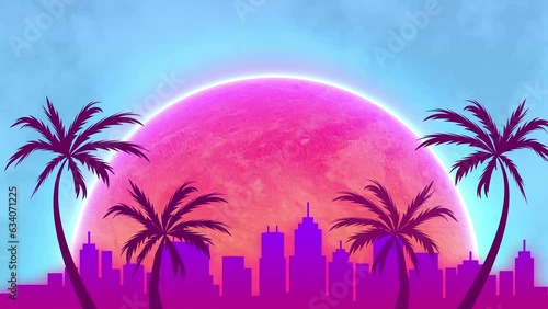 Retro pink pixel barbie city animation, game, city, sky, sun, palms.