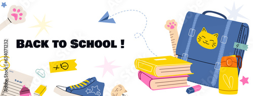 Banner back to school colored school elements. Supplies big Set: notepad,scissors, pencil, pen, sneakers, laundry, stickers, rulers, textbooks, keychain, thermos, paper clips, paper knife